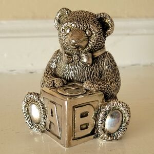 Collectible Pewter Music Box Teddy Bear Figurine Alphabet Block